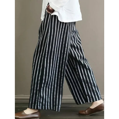 Plus Size 1XL-5XL Women Summer Pants Women'S Striped Wide Legs Show A Slimming ﻿