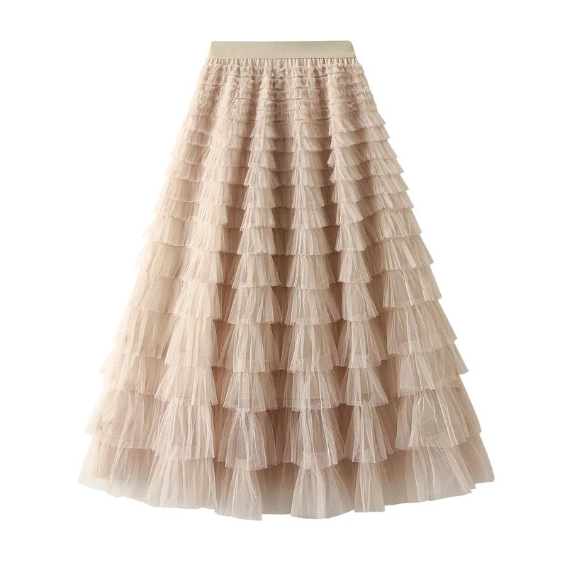 HOT Solid Multilayer Ruffle Mesh Skirt Women Boho High Waist Long Maxi Tulle Skirt Spring Summer Party Women's Clothing