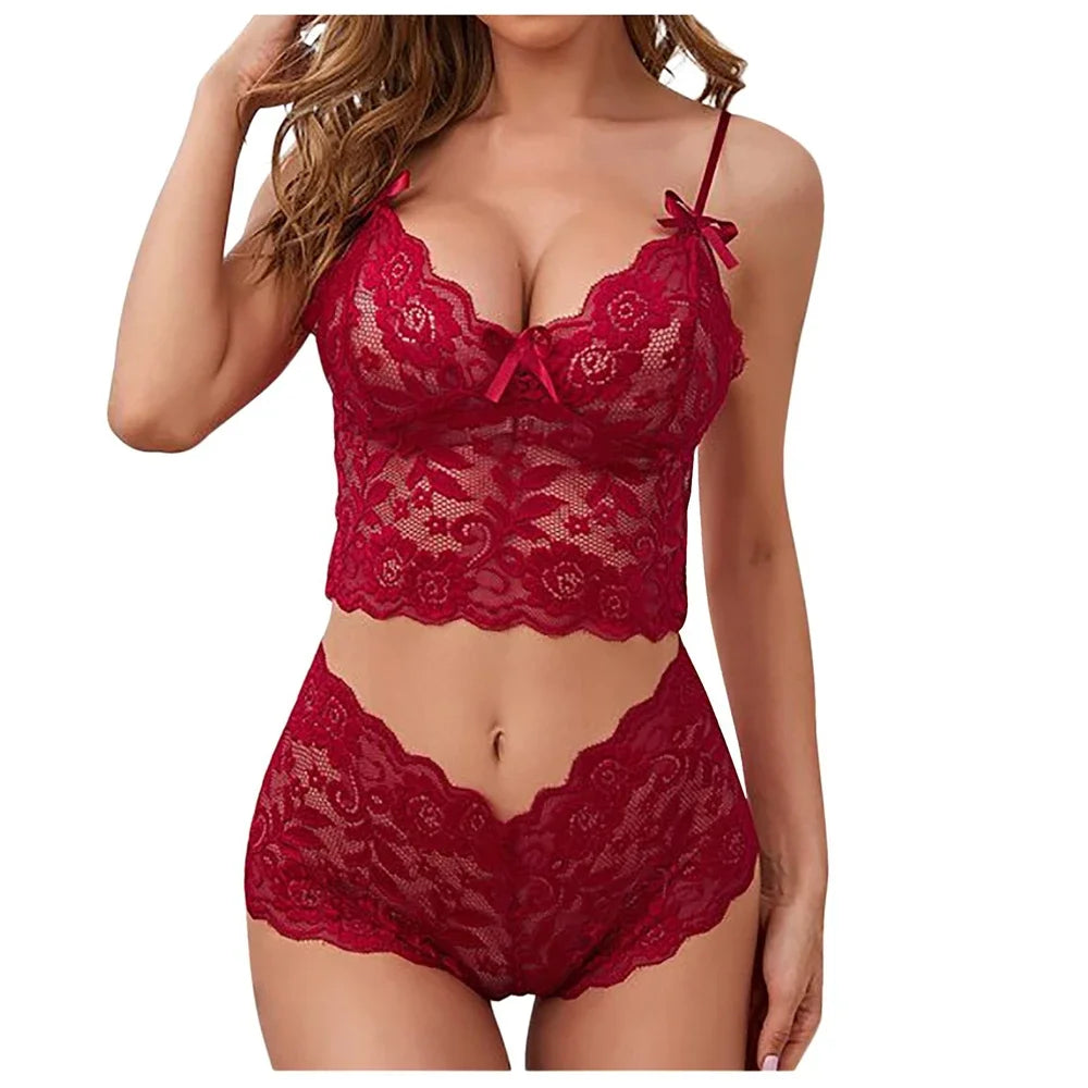 Women's Lingerie Set Sexy Lace Underwear See Through Bikini Erotic Bra for Ladies Low-waisted Thong Solid Color Erotic Lingerie