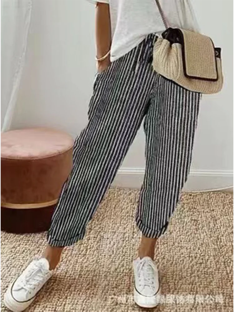 Women's Solid Color Printed Stripe Pants Wide Leg Pants Elastic Pocket Slim Fit Commuter Style Summer 2024