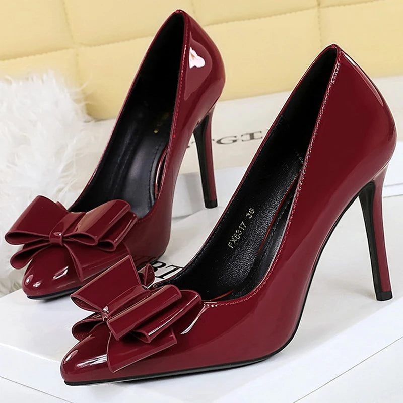 BIGTREE Shoes Bowknot Women Pumps Patent Leather High Heels 10 CM Stilettos Fashion Wedding Shoes Women Heels Large Size 42 43