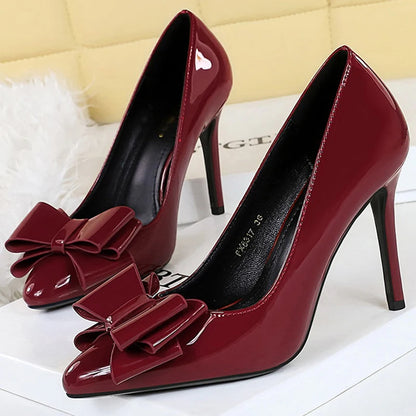 BIGTREE Shoes Bowknot Women Pumps Patent Leather High Heels 10 CM Stilettos Fashion Wedding Shoes Women Heels Large Size 42 43