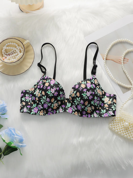 Women's Sexy One-piece Bra With Small Floral Patterns Without Steel Rings Gathered Push Ups Daily Comfortable Underwear A5033