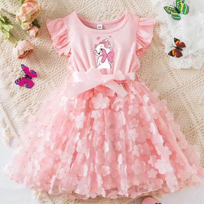 Marie Cat Girls Summer Dress Cartoon Bow Tutu Dress 3D Butterfly Cute Cotton Party Casual Dress for Baby 2-6 Years