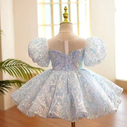 Girl Dress Pastel Sparkles Shimmers Puffy Sleeves Sequin Dress Girls Birthday Party Clothes 3-12Years