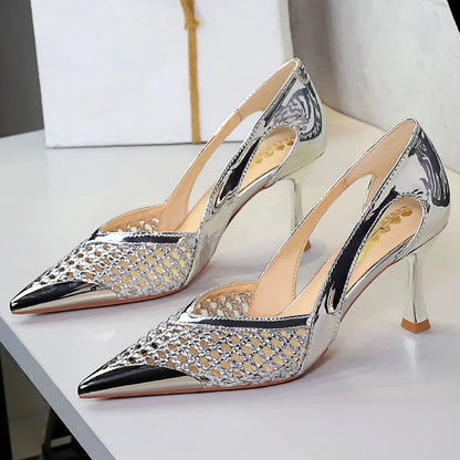 BIGTREE Shoes Weaving Design Women Pumps Hollow Out Stiletto High Heels 7 cm 5.5 cm Metal Pointed Tip Kitten Heels Ladies Shoes