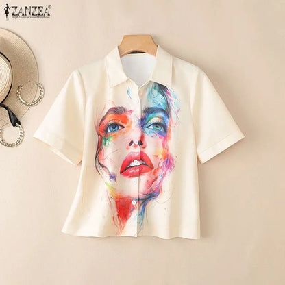 ZANZEA Woman Abstract Art Printing Short Sleeve Shirts Turn-Down Collar Button Up Blouses Summer Casual Daily Streetwear Top 3XL