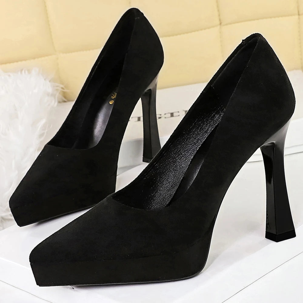 BIGTREE Shoes Platform Pumps Women Shoes Chunky Heel Pointed High Heels Suede Luxury Banquet Shoes Fashion Women Office Shoes