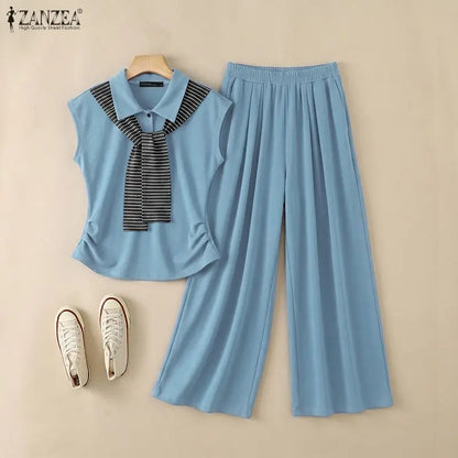 ZANZEA Women 2 Pieces Matching Sets Fashion Striped Tie Patchwork T-Shirt & Wide Leg Pant 2pcs Suits Casual Chic Tracksuits
