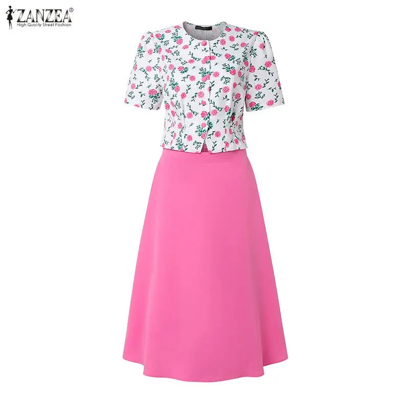 ZANZEA Elegant Fashion Women's Skirt Suits Floral Crop Tops & A-line Midi Skirts 2 Pieces Sets Summer Female Date Night Outfits