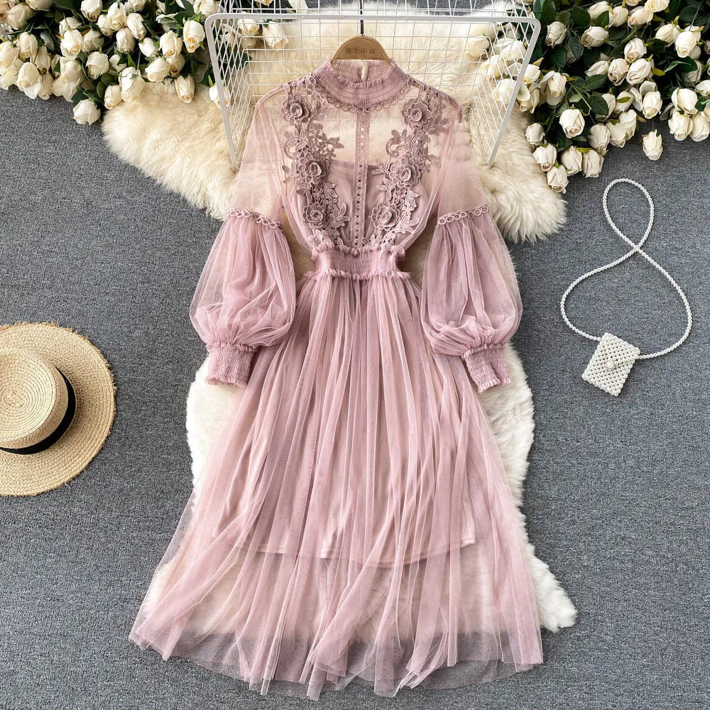 Ladies Dress Three-dimensional Flower See Through Mesh Temperament Stand Collar Lantern Sleeve High Waist Slim Female Dresses