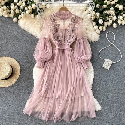 Ladies Dress Three-dimensional Flower See Through Mesh Temperament Stand Collar Lantern Sleeve High Waist Slim Female Dresses