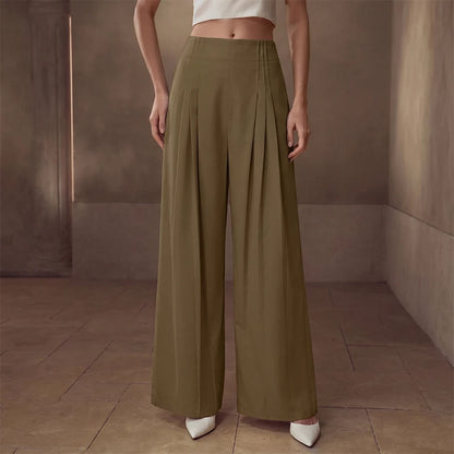 ZANZEA Women Pants Pleated Casual Wide Leg Long Trousers 2026 Summer Office Lady Wide Leg Capris Solid Color Elegant Bottoms