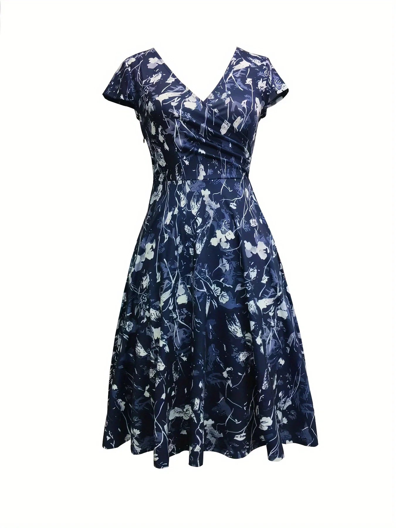 Elegant floral and printed V-neck mid-length pocket dresses for spring, summer and autumn, made of polyester blends