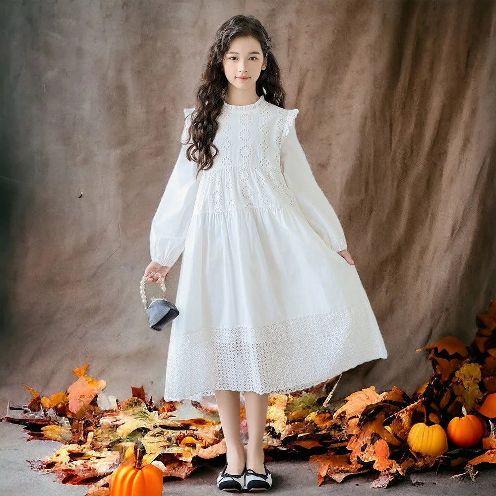Cute Girls White Lace Dresses for Kids outfits Princess Maxi Dress Teenagers School Uniform Children Costumes 6 8 10 12 13 Years