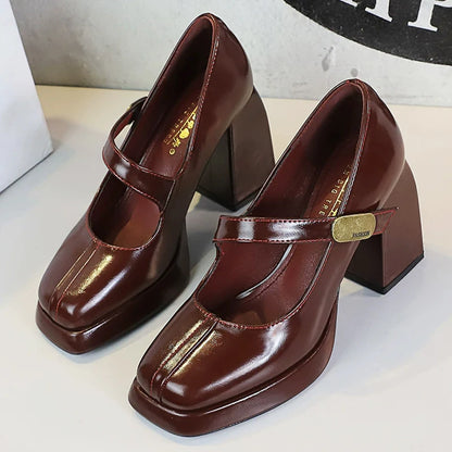 BIGTREE Shoes Retro Chunky Women Pumps Block Heel Women Shoes Metal Buckle Pumps Shoes Platform High Heels 9 Cm Female Shoes