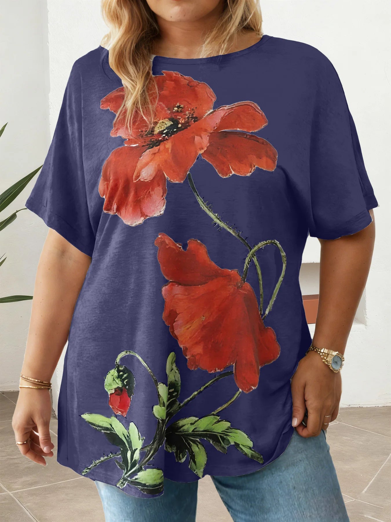 Plus Size Ladies Printed T-Shirt Loose Fit Multi-color Casual Short Sleeve O-Neck Daily Wear Tees
