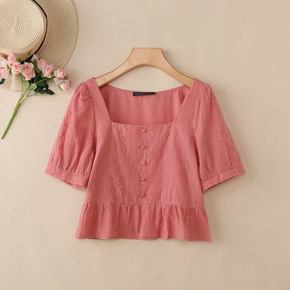 ZANZEA Embroidered Fabric Cropped Blouses Woman Square Neck Short Puff Sleeve Peplum Tops Summer Daily Casual Blusas de Mujer