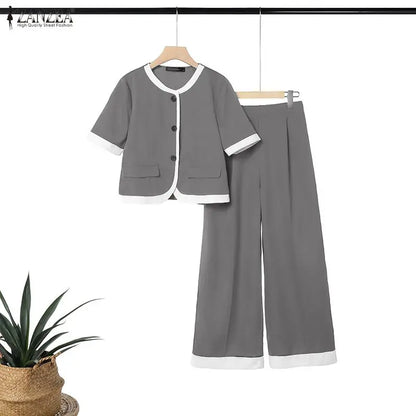 2026 Summer Outfits ZANZEA Fashion Women Pant Sets Patchwork Tracksuit Short Sleeve Shirt Wide Leg Trousers OL Work 2 Piece Sets