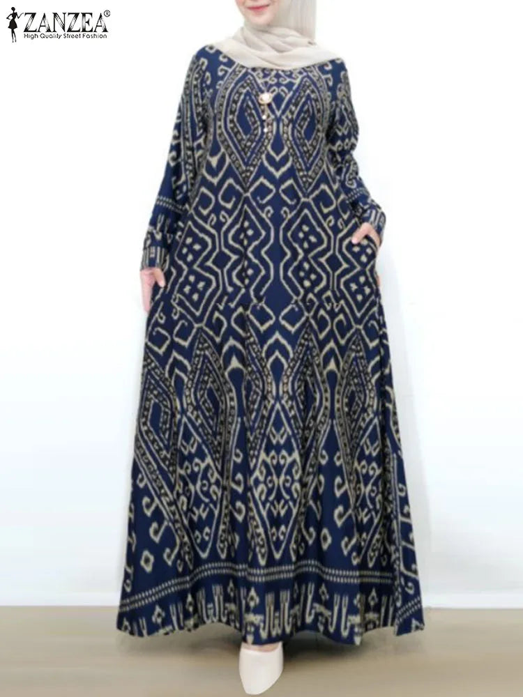 ZANZEA Women Vintage Floral Printed Sundress Spring Long Sleeve Muslim Abaya Maxi Long Dress Turkey Hijab Vestido Robe Femme