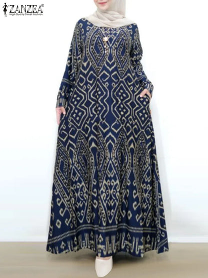 ZANZEA Women Vintage Floral Printed Sundress Spring Long Sleeve Muslim Abaya Maxi Long Dress Turkey Hijab Vestido Robe Femme