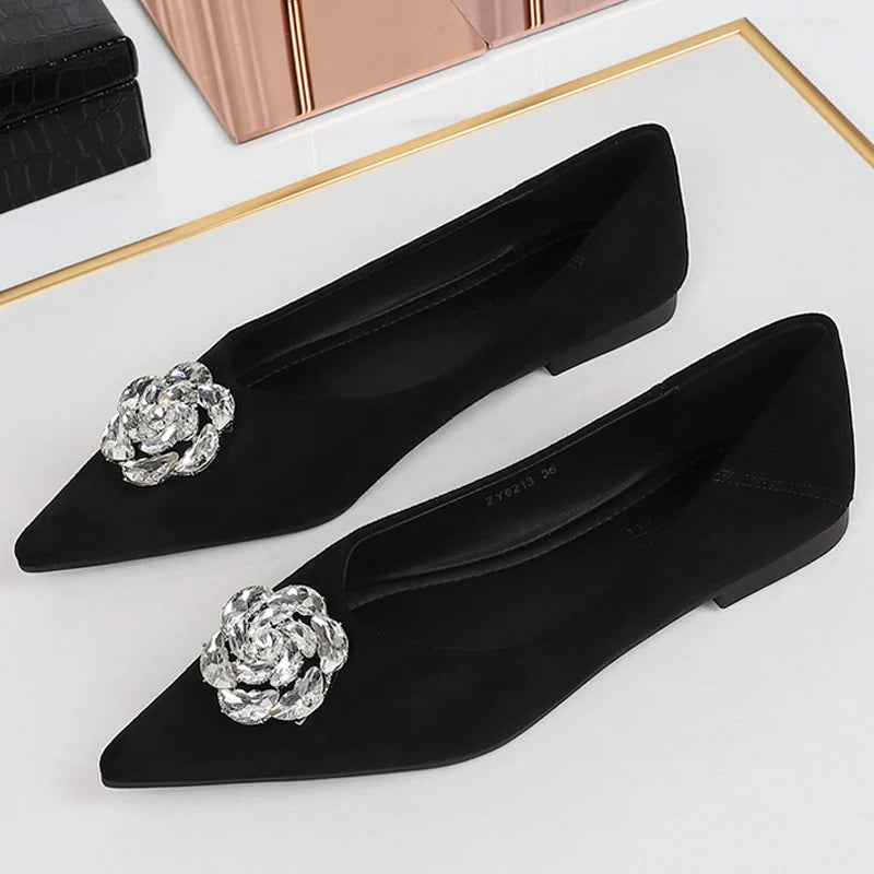 2026 Luxury Low Heeled Shoes Women Sharp Pointed Shallow Mouth Rhinestone Women's Shoes Suede Low Heeled Shoes With Women Pumps