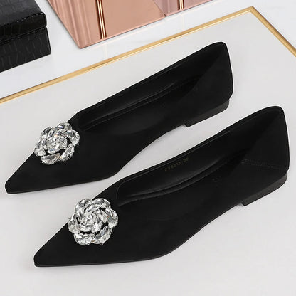 2026 Luxury Low Heeled Shoes Women Sharp Pointed Shallow Mouth Rhinestone Women's Shoes Suede Low Heeled Shoes With Women Pumps
