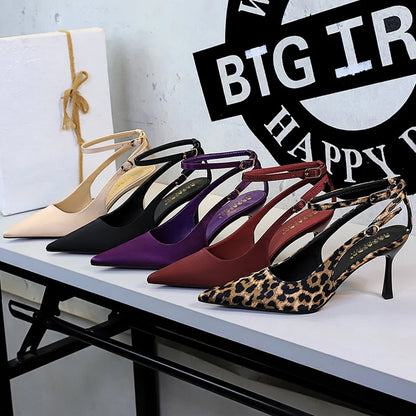BIGTREE Shoes Leopard Print Women Pumps Sexy High Heels Pointed High-Heeled Sandals Women Summer Shoes Satin Stiletto Heels 8 cm