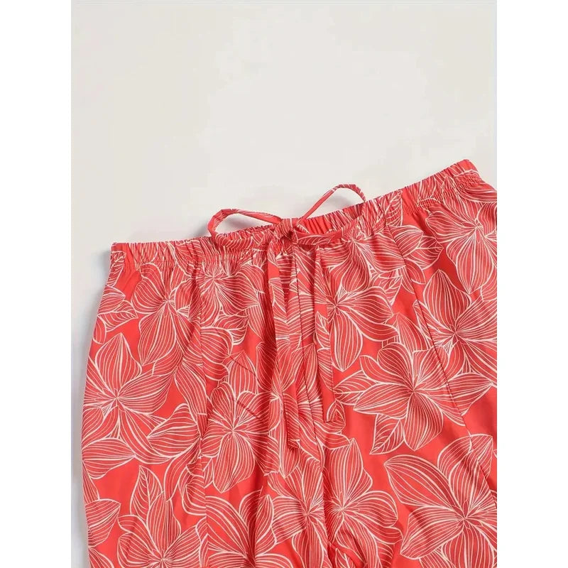 Summer Casual plus Size Wide Leg Long Pants Elegant Loose Comfortable Printed Elastic Waistband Tied Rope Fashionable