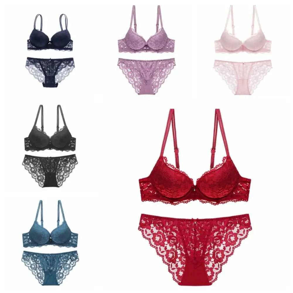 Sweet Mesh Lace Flower Bra Low Waist Bowknot Push Up Bra Women Lingerie Intimates Bra Panties Set Girl