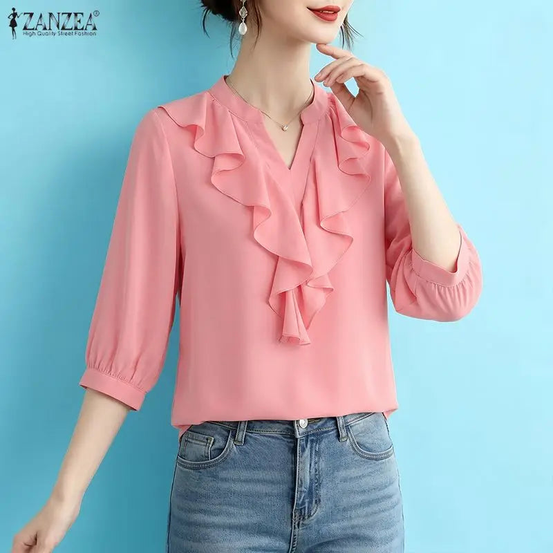 ZANZEA Women Ruffles Blouses Summer 3/4 Sleeve Tops Solid Color Fashion Tee V Neck Blusas Streetwear OL Work Tunic Female