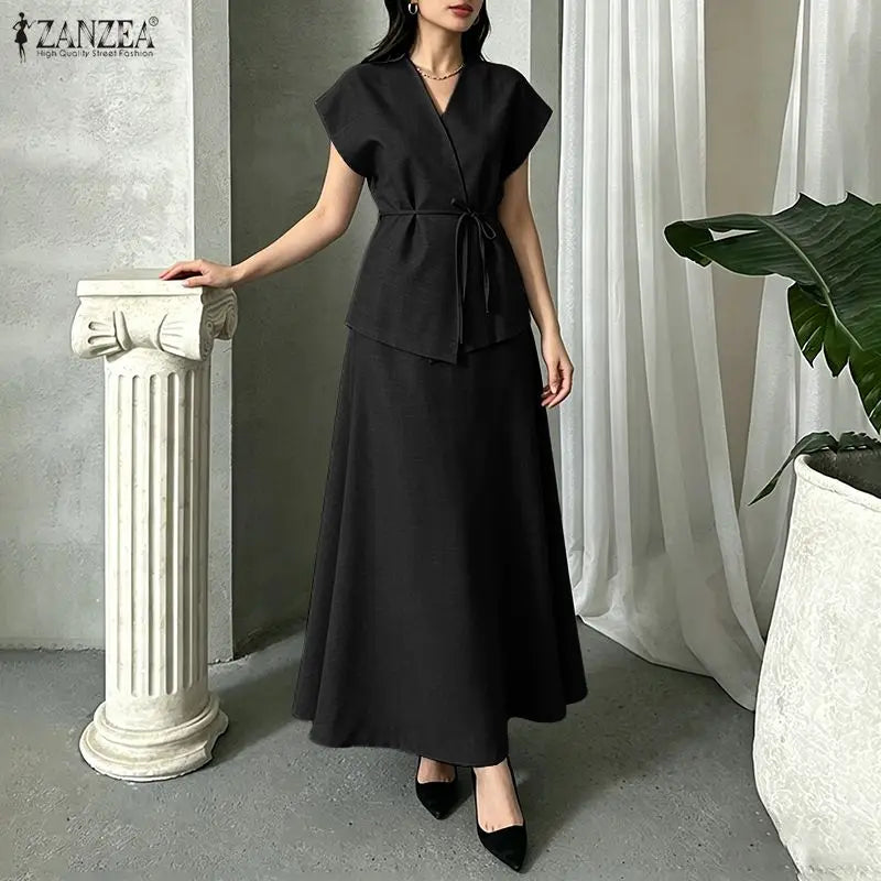 ZANZEA 2PCS Stylish Women V Neck Short Sleeve Blouse Dress Sets Summer Outfits Elegant 2 Pieces Sets Solid OL Work Skirt Suit