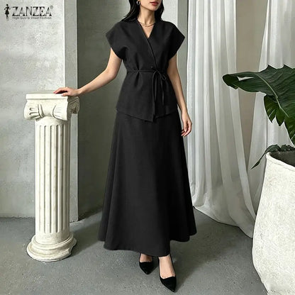 ZANZEA 2PCS Stylish Women V Neck Short Sleeve Blouse Dress Sets Summer Outfits Elegant 2 Pieces Sets Solid OL Work Skirt Suit