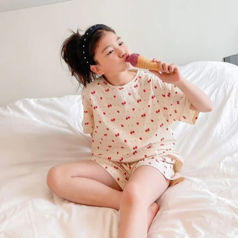 Girls Summer Cooling Lightweight Two-Piece Pajamas Set Short Sleeve Shorts Homewear