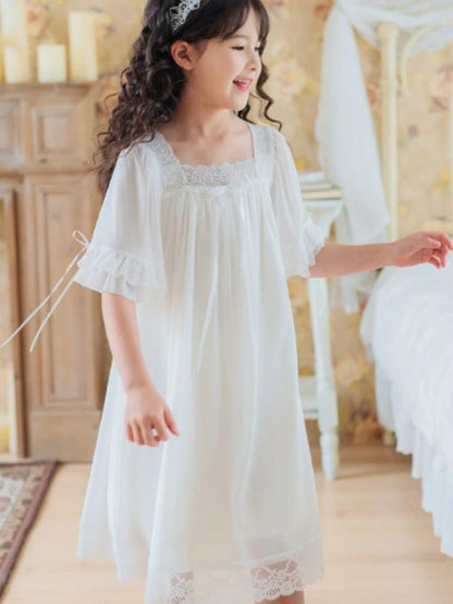 Girls Princess Long Nightgown Short Sleeve Lace Mesh Spring Summer Homewear Matching Family Pajamas Set