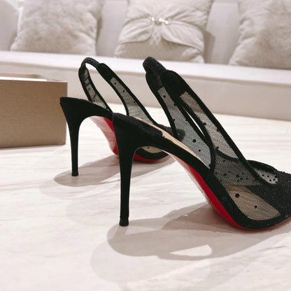 Summer New Mesh Back Empty Sandals for Women, Slim Heels with Pointed Toes and Full Diamonds, Sweet and Breathable High Heels