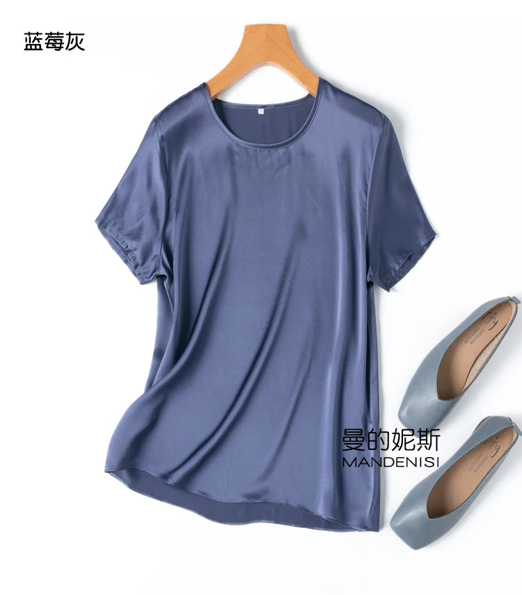 ZVAQS 100% Mulberry Silk T Shirts Woman Elegant Satin T Shirt 27 Colors High Quality Silk Summer Tops 2025 Women Clothing Топ