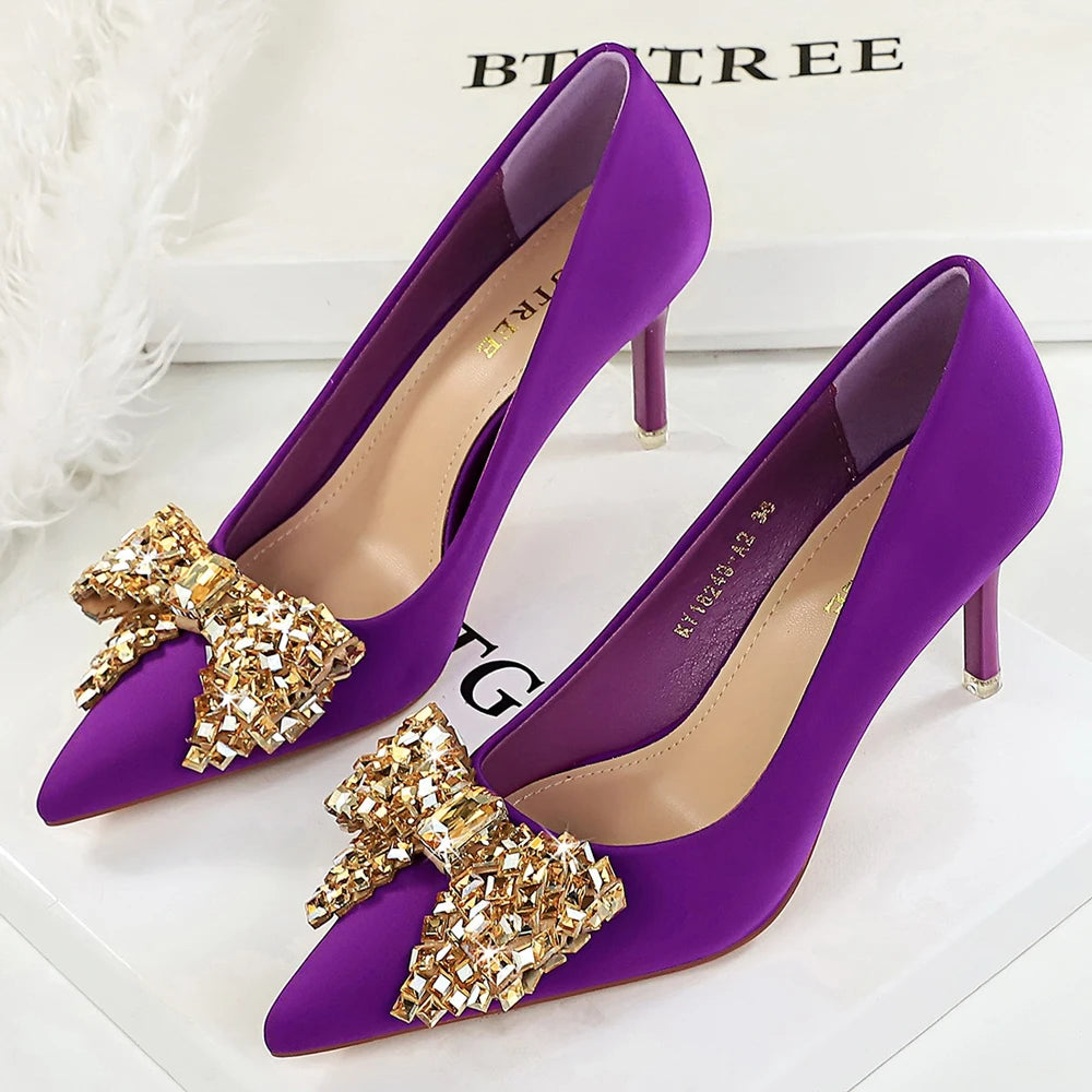 Women 7.5 cm 10.5 cm Heels Rhinestone Bow Women Pumps Silks Satins High Heels Stiletto Luxury Banquet Shoes Large Size 42 43