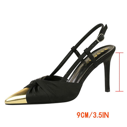 BIGTREE Shoes Metal Pointed Tip Women Pumps Satin Bow High Heels Stiletto 9 cm Hollow Out Buckle High Heeled Sandals Summer