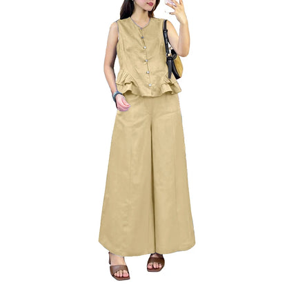 ZANZEA Women's Casual Fashion Pant Sets Ruffled Hem Sleeveless Tops & Wide Leg Pants 2 Piece Suits Summer Commute Work Outfits