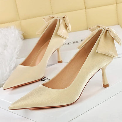 BIGTREE Shoes Pointed Women Pumps Bowknot Satin Kitten Heels Ladies Shoes Stiletto 6.5 CM Comfort Luxury Banquet Shoes Women