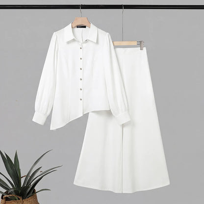 ZANZEA Women Two Piece Pants Suit Long Lantern Sleeve Asymmetrical Blouse Wide Leg Trousers Office Outfits Solid Matching Sets