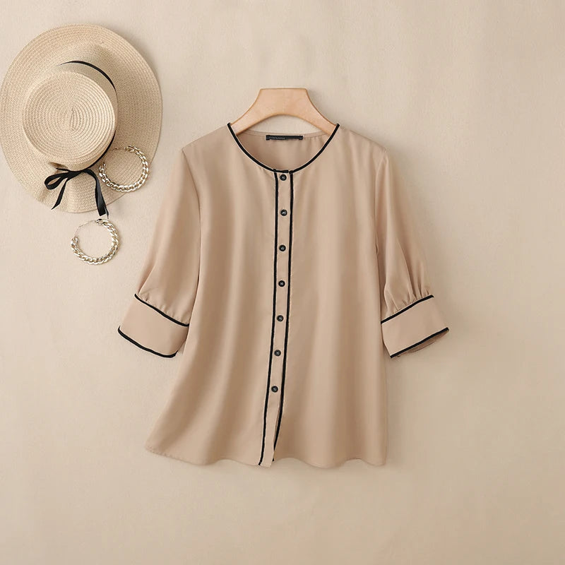 ZANZEA Women's Fashion Contrast-Trim Shirts 3/4 Sleeves O-Neck Button Up Casual Tops 2026 Summer Streetwear Chemises Femme