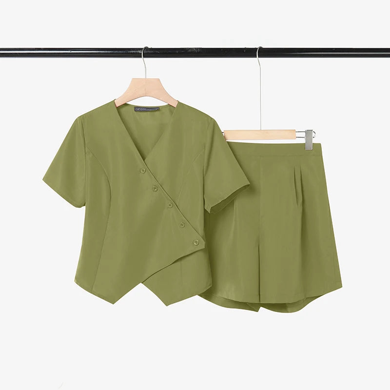 ZANZEA Women's Short Sets Asymmetric Placket Short Sleeve Tops & Elastic Waist Shorts 2 Piece Suits Summer Casual Chic Outfits