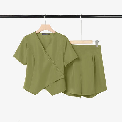 ZANZEA Women's Short Sets Asymmetric Placket Short Sleeve Tops & Elastic Waist Shorts 2 Piece Suits Summer Casual Chic Outfits