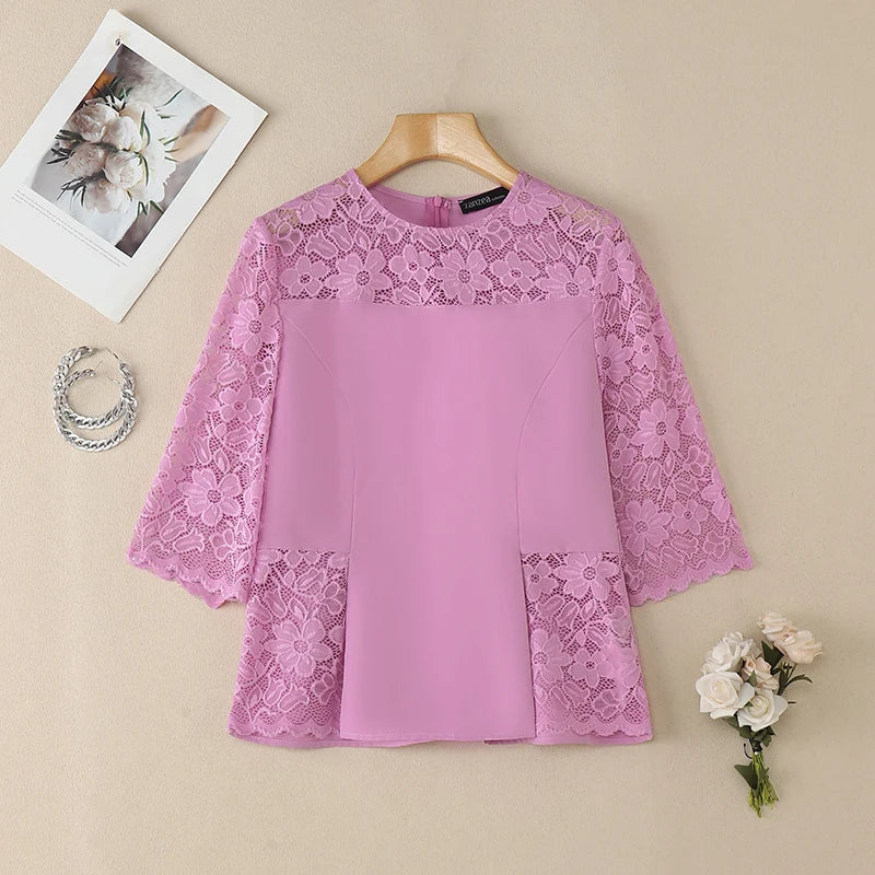 ZANZEA Women's Lace Patchwork Blouses 2026 Summer O-Neck 3/4 Sleeve Solid Color Blusas Casual and Day Elegant Woman Clothes 3XL