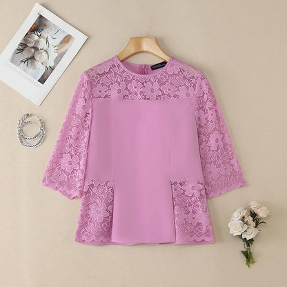 ZANZEA Women's Lace Patchwork Blouses 2026 Summer O-Neck 3/4 Sleeve Solid Color Blusas Casual and Day Elegant Woman Clothes 3XL