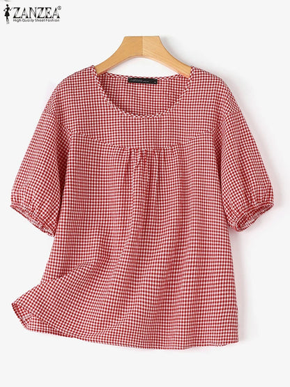 ZANZEA Summer Vintage Women Casual Loose Shirt Baggy Plaid Checked Tops Tunic Fashion O Neck Short Sleeve Blouse Blusas Chemise