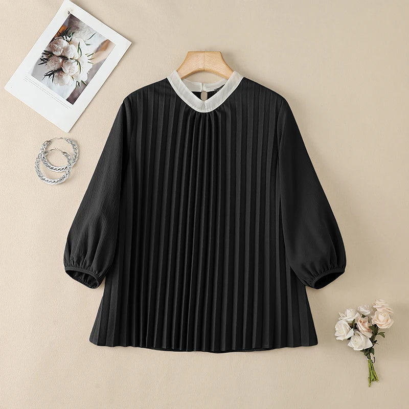 ZANZEA Women Fashion Pleated Front Blouses Contrast-Color O-Neck 3/4 Puff Sleeve Loose A-Line Tops Chic Blusa Mujer Streetwear