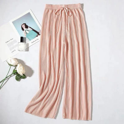 Women Fashion Summer Wide Leg Pants Pleated Ice Silk Trousers Elastic Waist Loose Casual Pants